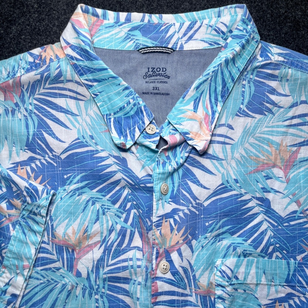 IZOD Saltwater Button‎ Mens 3XL Blue Tropical Palm Bird of Paradise Excellent